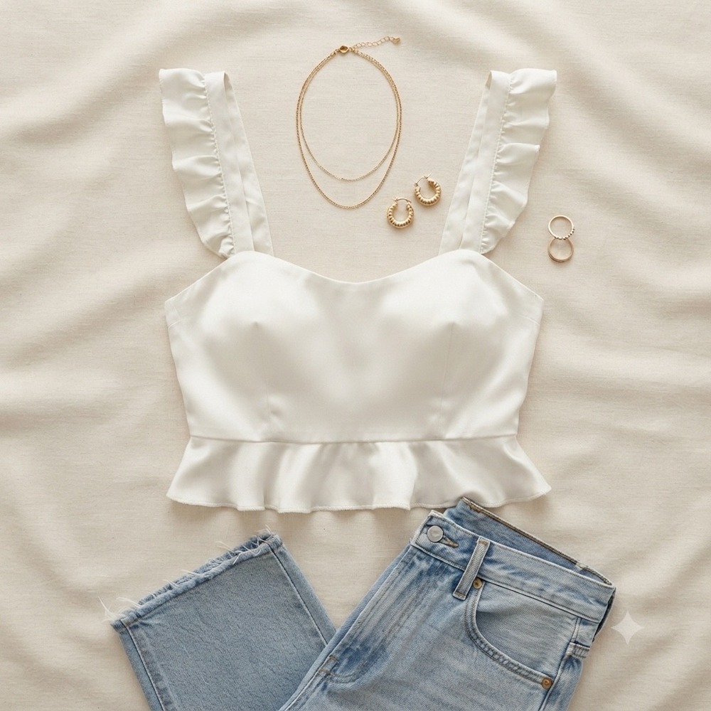 by the way. Ruffle Crop Top XS White Sweetheart Neck Sleeveless Chic Summer